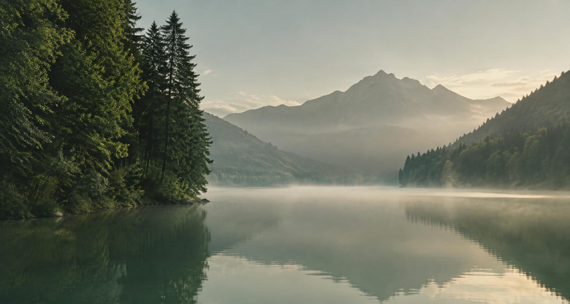 Un lago tranquillo tra boschi e montagne, avvolto dalla luce del mattino